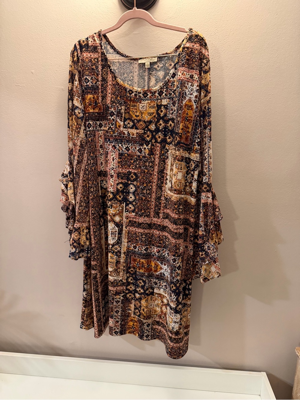 Haani Woman Patchwork Boho Ruffle Bell Sleeve Shift Dress Brown Orange 2X